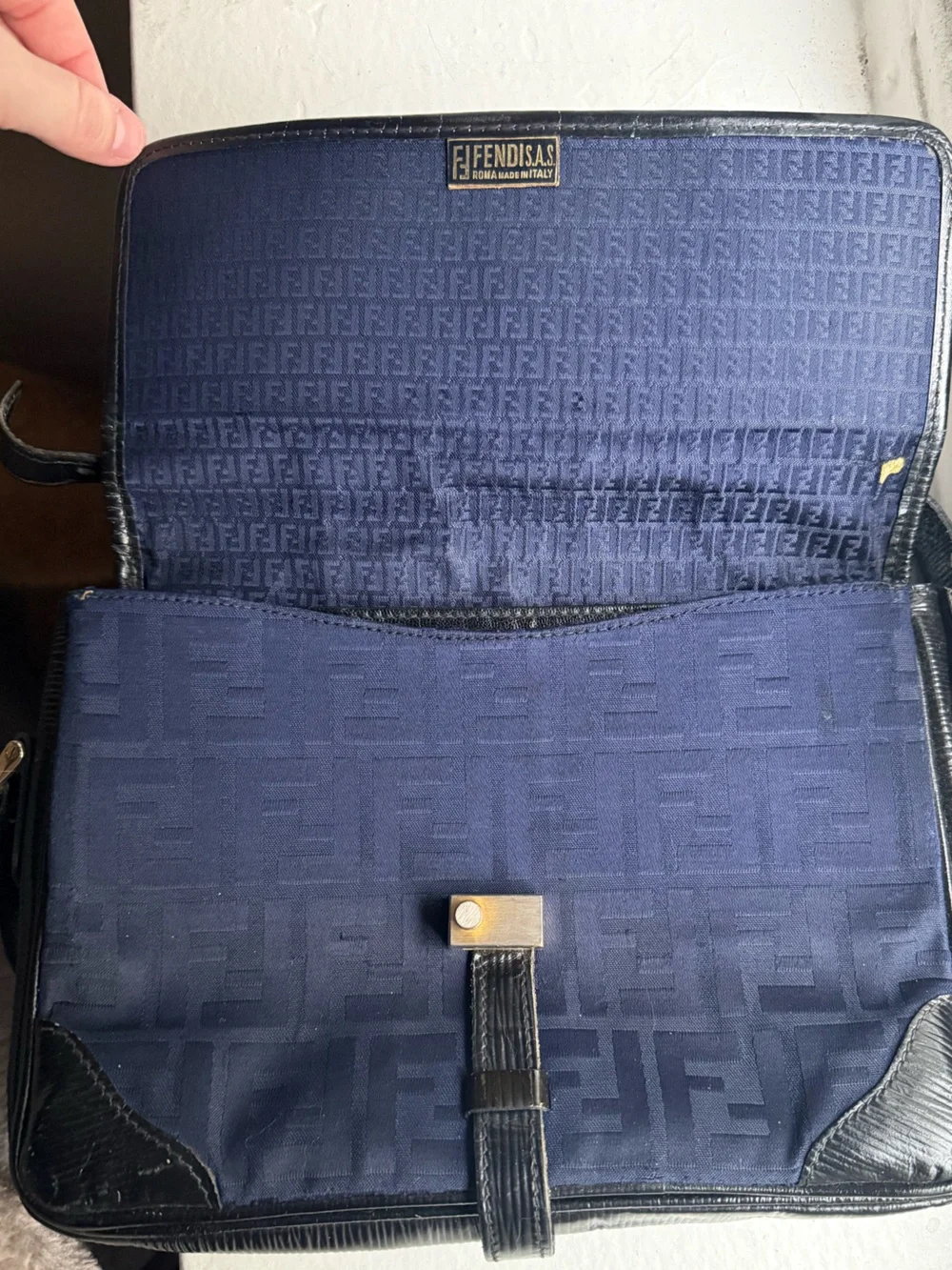 Fendi Vintage circa 90s Navy Blue Canvas Shoulder Bag with Black Leather Trim - Picture 14 of 16